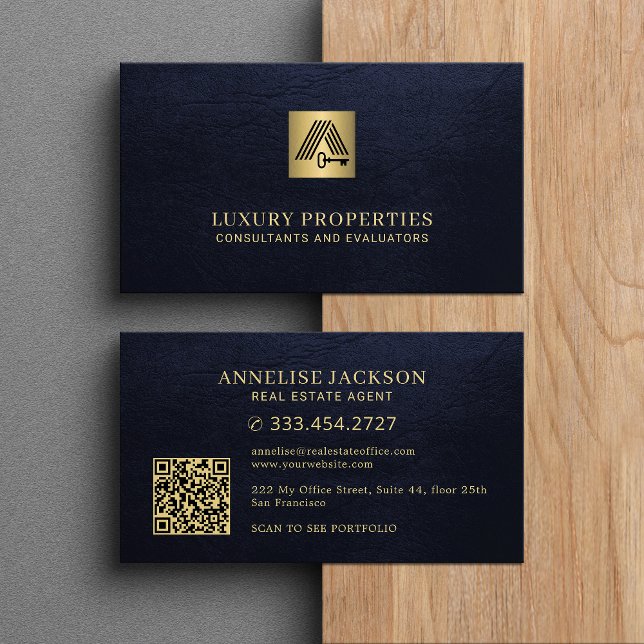 Fastighets QR-kod hus logotyp marin guld  Visitkort (Skapare uppladdad)