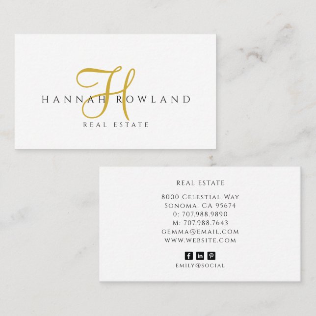 Fastighetsguld Skript Monogram Namn Visitkort (Fram/baksida)