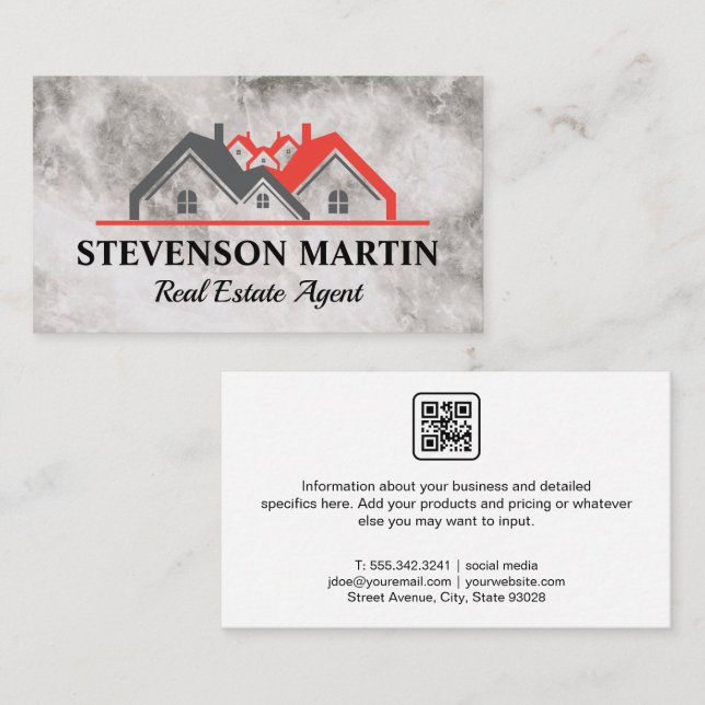 Fastighetshem Logo | Marmorstruktur | QR-kod Visitkort (Fram/baksida)