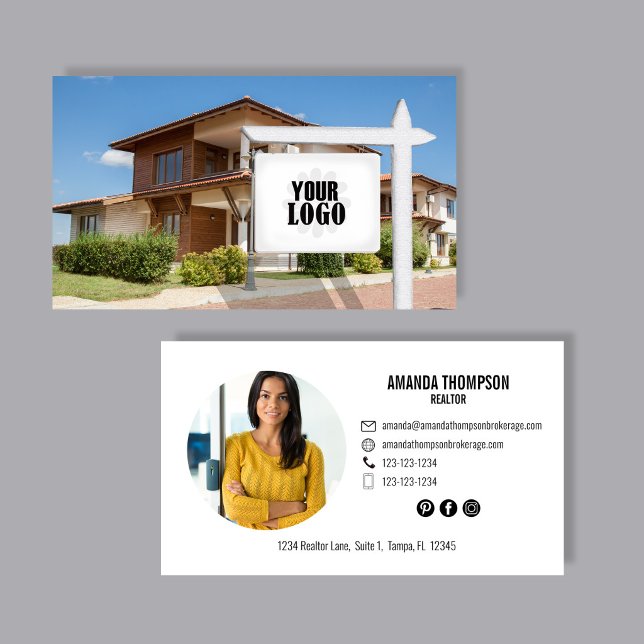 Fastighetsmäklare Anställd Foto Visitkort (Professional realtor business card with photo, logo, and custom property sign design.)