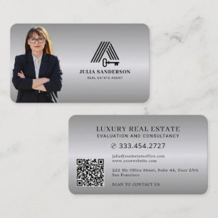 Fastighetsmäklare foto QR falskt silver metalliskt Visitkort