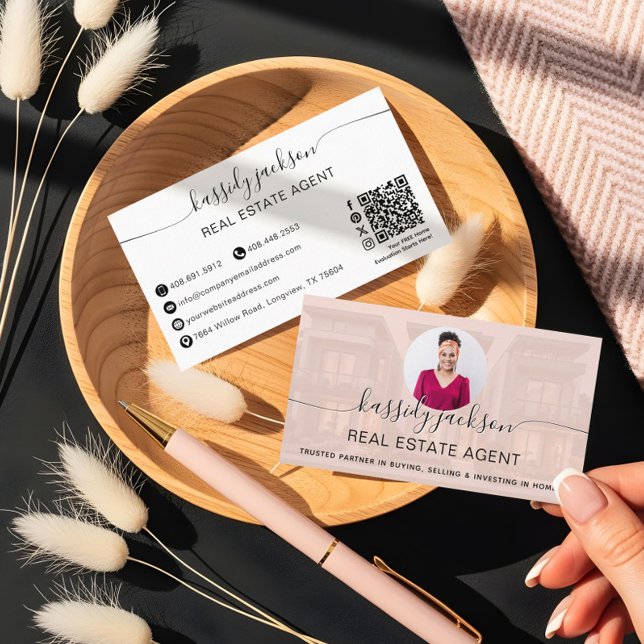 Fastighetsmäklare Foto QR-kod Script Lyx Visitkort (Elegant Script Name Circle Business Photo QR Code Business Card)