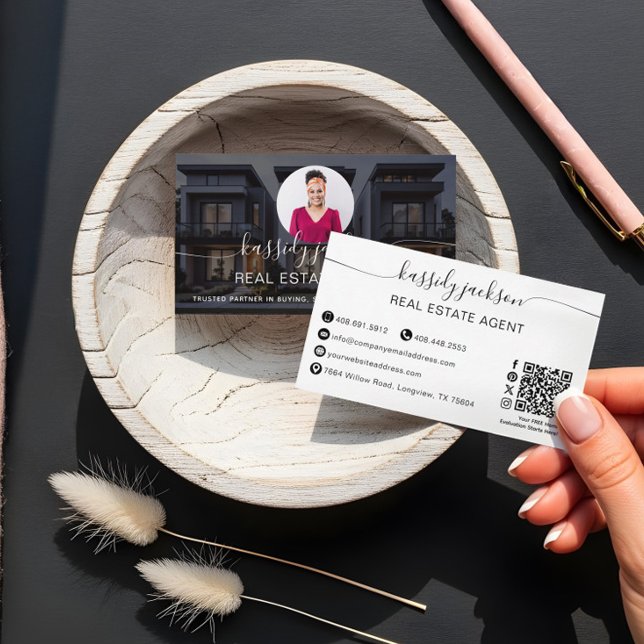 Fastighetsmäklare Foto QR-kodskript Lyx Visitkort (Elegant Script Name Circle Business Photo QR Code Business Card)