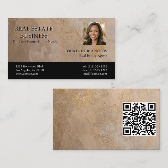 Fastighetsmäklare Headshot Beige Guld Textur QR-ko Visitkort (Fram/baksida)