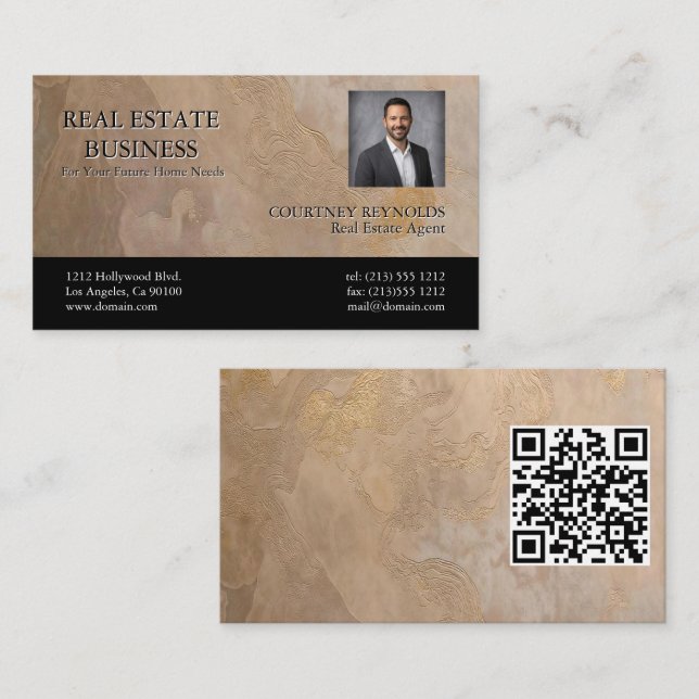 Fastighetsmäklare Headshot Beige Guld Textur QR-ko Visitkort (Fram/baksida)