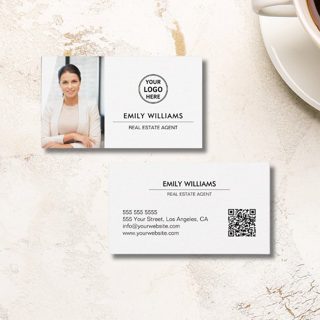 Fastighetsmäklare Logo Foto QR Vit Visitkort (Real Estate Broker Logo Photo QR White Business Card)