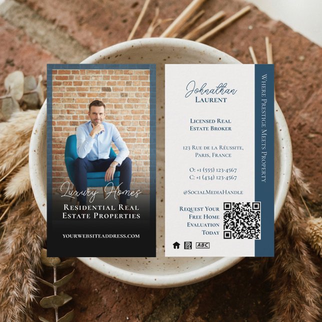 Fastighetsmäklare Navy Klassisk Professionell Foto Visitkort (Real Estate Broker Navy Classy Professional Photo Business Card)