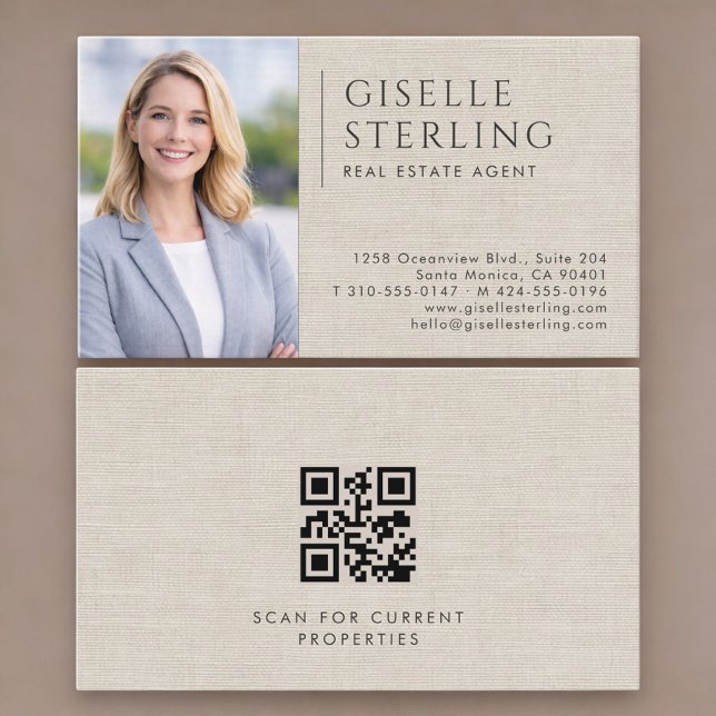 Fastighetsmäklare Neutral Linne Foto QR-kod Visitkort (Skapare uppladdad)