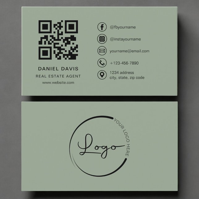 Fastighetsmäklare Sage Green Logo QR-kod  Visitkort (Skapare uppladdad)