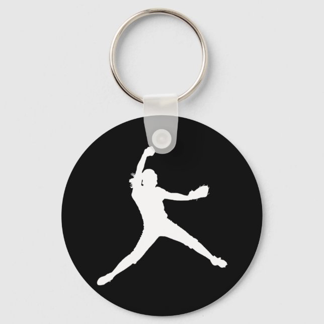 Fastpitch Silhouette Keychain White på Black Nyckelring (Framsida)