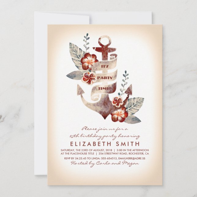 Fästpunkt för tropisk Nautisk Födelsedagsfest Inbjudningar (Framsida)