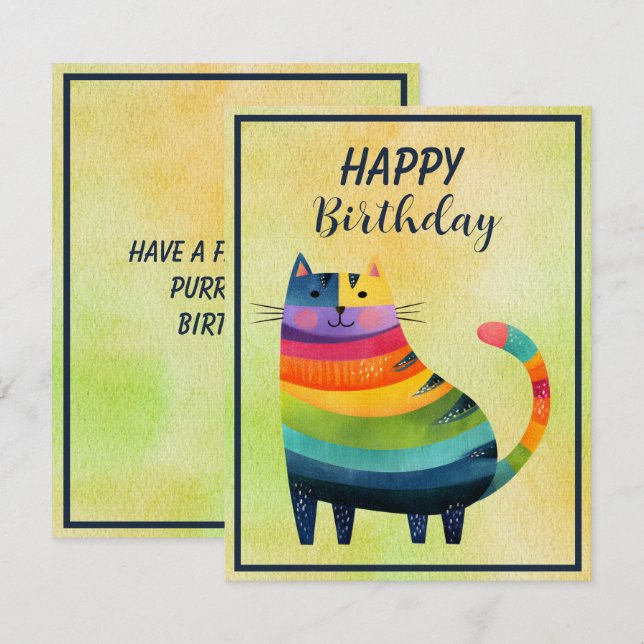 Fat Abstract Cat Happy Birthday Flat Note Card Anteckningskort (Fram/baksida)