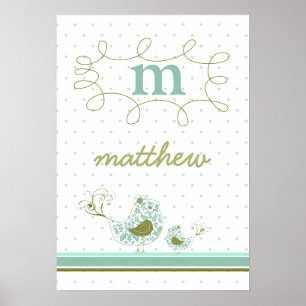fatfatin Blue Swirly Mamma & Baby Bird Kids Wall A Poster