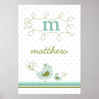 fatfatin Blue Swirly Mamma & Baby Bird Kids Wall A Poster
