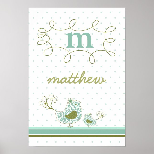 fatfatin Blue Swirly Mamma & Baby Bird Kids Wall A Poster (Framsidan)