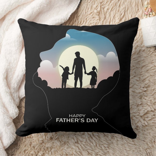 Father Profile Silhouette With Sunset Family Kudde (Filt)