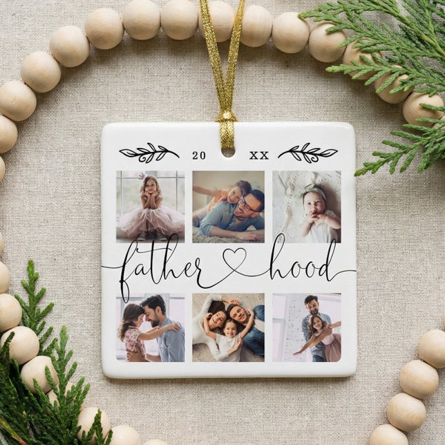 Fatherown Family Keepsaké Photo Collage Julgransprydnad Keramik (Personalized Photo Collage Fatherhood Keepsake Ceramic Ornament)