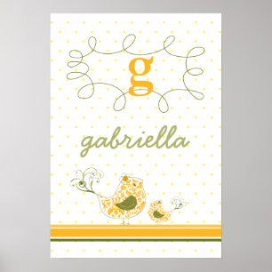 fattig Gult Swirly Mamma & Baby Bird Kids Wall A Poster