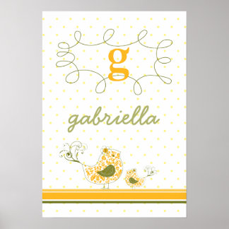 fattig Gult Swirly Mamma & Baby Bird Kids Wall A Poster