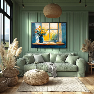 Fauvistisk solbelyst fönster med blommor – varmt h poster