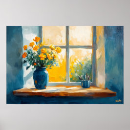 Fauvistisk solbelyst fönster med blommor – varmt h poster