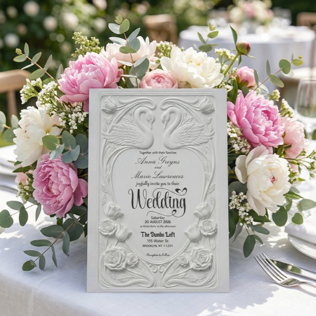 Faux 3D Embossed White Swan Floral Formal Wedding Inbjudningar (Skapare uppladdad)