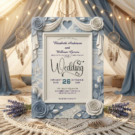 Faux 3D Relief Dusty Blue Floral Wedding Inbjudningar