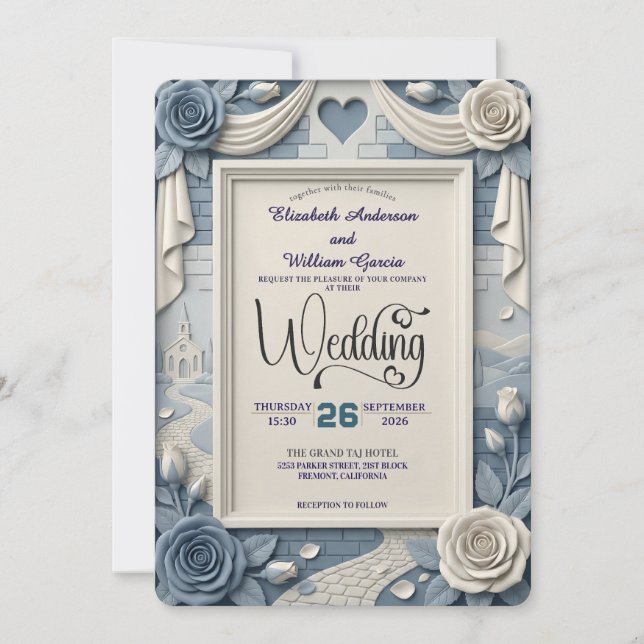 Faux 3D Relief Dusty Blue Floral Wedding  Inbjudningar (Framsida)