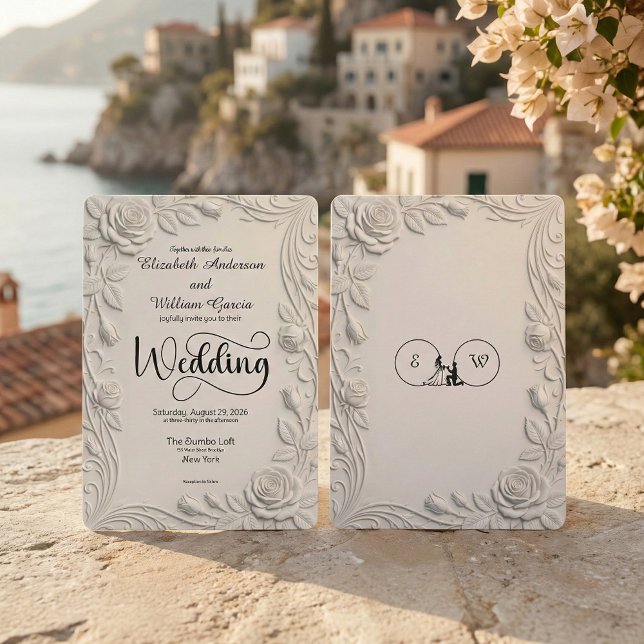 Faux 3D Sculpted Floral Bas Relief Ivory  Wedding Inbjudningar (Skapare uppladdad)