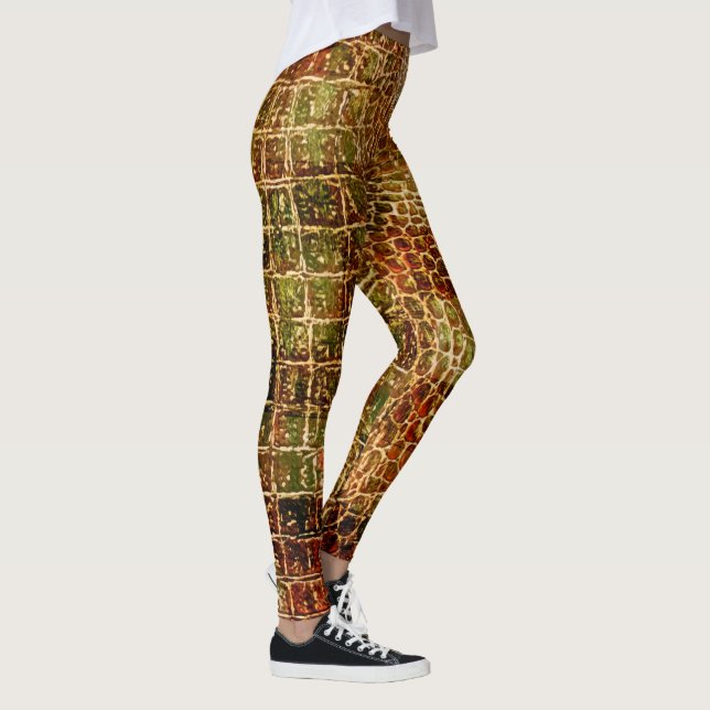 Faux Alligator Animal Skin Leather Red Brown Leggings (Höger)