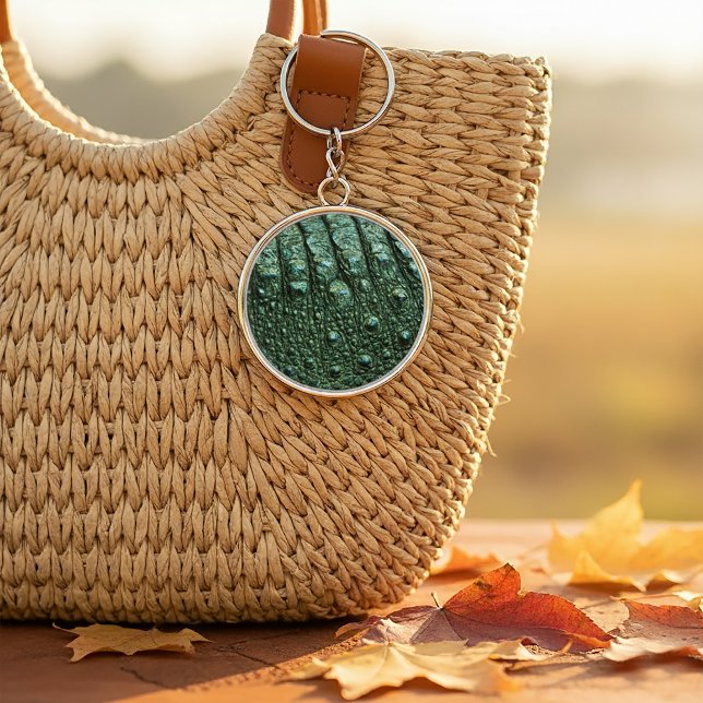 Faux Alligator Leather Skriv ut Rund Silverfärgad Nyckelring (Green Alligator Skin Texture Keychain)