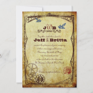 Faux Antique Guld Victorian Steampunk Bröllop Inbjudningar