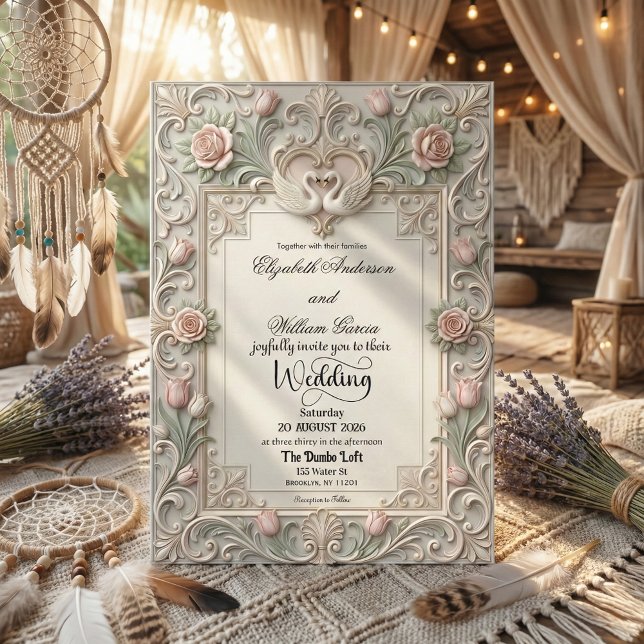 Faux Bas Relief 3D Sculpted Swans Inbjudningar (Skapare uppladdad)