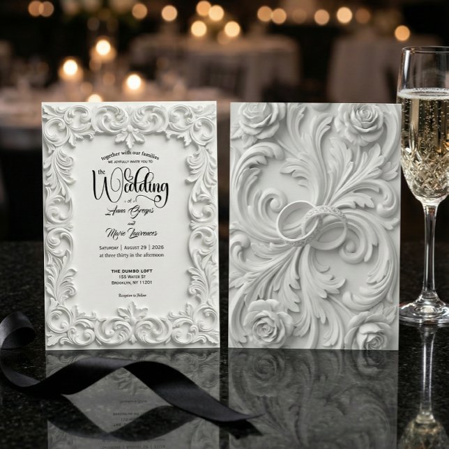 Faux Bas Relief Ornate White Wedding Invitation Inbjudningar (Skapare uppladdad)