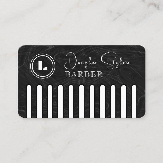 Faux black comb with logo barber visitkort (Framsida)