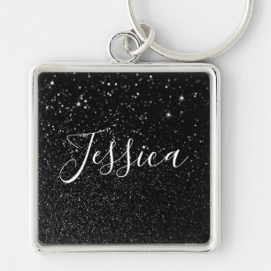 Faux Black Glitter Bokeh Photo Personlig Fyrkantig Silverfärgad Nyckelring
