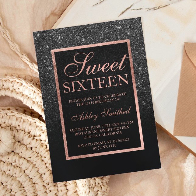 Faux black glitter elegant ro guld chic Sweet 16 Inbjudningar (Skapare uppladdad)