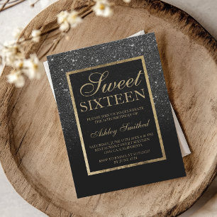 Faux black glitter gold elegant chic Sweet 16 Inbjudningar