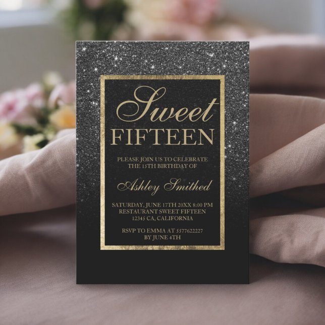 Faux black glitter guld elegant chic Sweet 15 Inbjudningar (Faux black glitter gold elegant chic Sweet 15 Invitation)