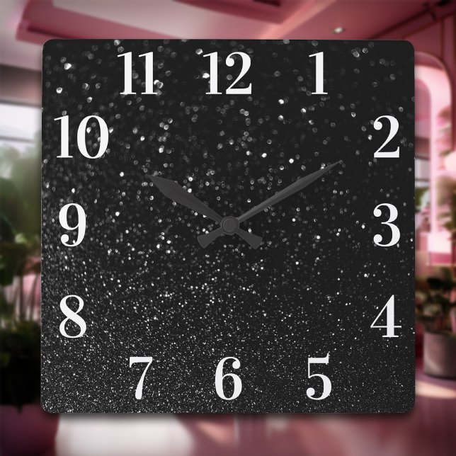 Faux Black Glitter Modern Elegant White Nummer Fyrkantig Klocka (Faux Black Glitter Modern Elegant White Numbers Square Wall Clock)