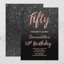 Faux black glitter-skript ro guld 50:e födelsedage inbjudningar