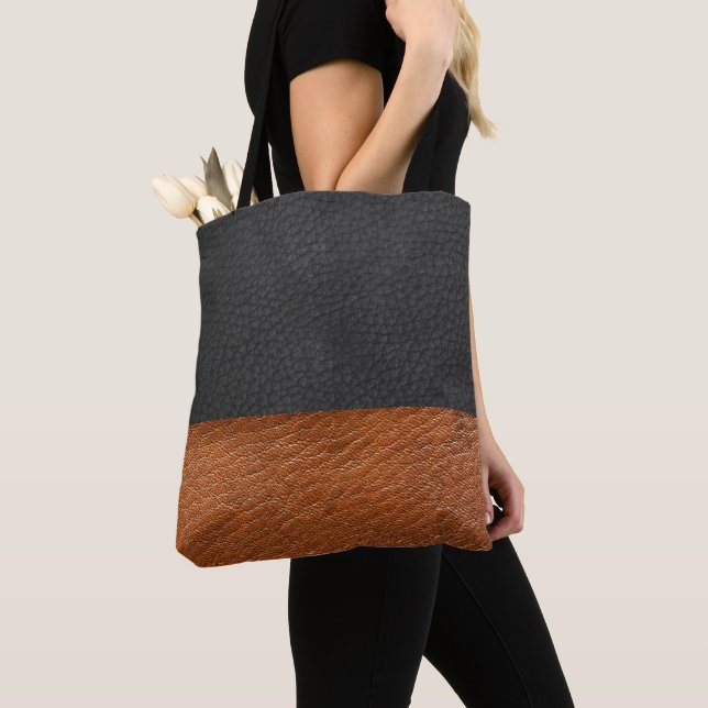 Faux Black/Golden Brown Leather - Tote Bag Tygkasse (Närbild)