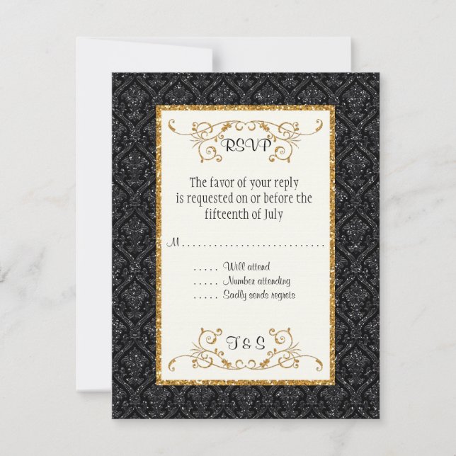 Faux Black Guld Glitter Damask Biljett Stil OSA Kort (Framsida)