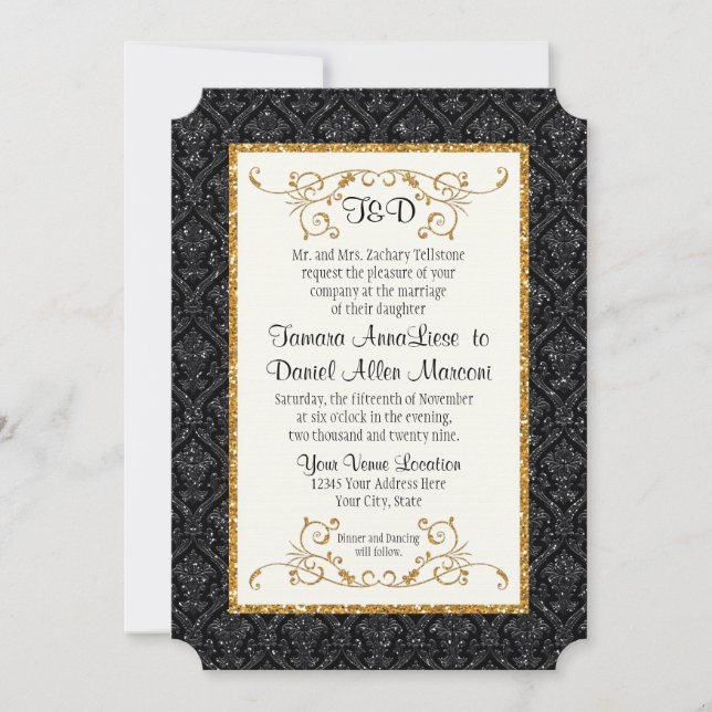 Faux Black Guld Glitter Damask Pattern Bröllop Inbjudningar (Framsida)