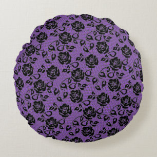 Faux Black Lace Rose Fishnet Purple Round Pillow Rund Kudde
