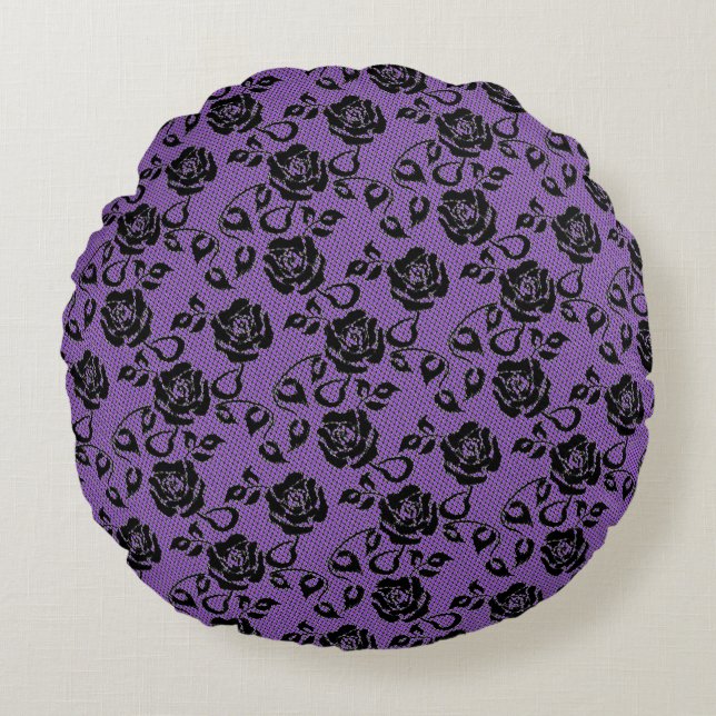 Faux Black Lace Rose Fishnet Purple Round Pillow Rund Kudde (Framsidan)