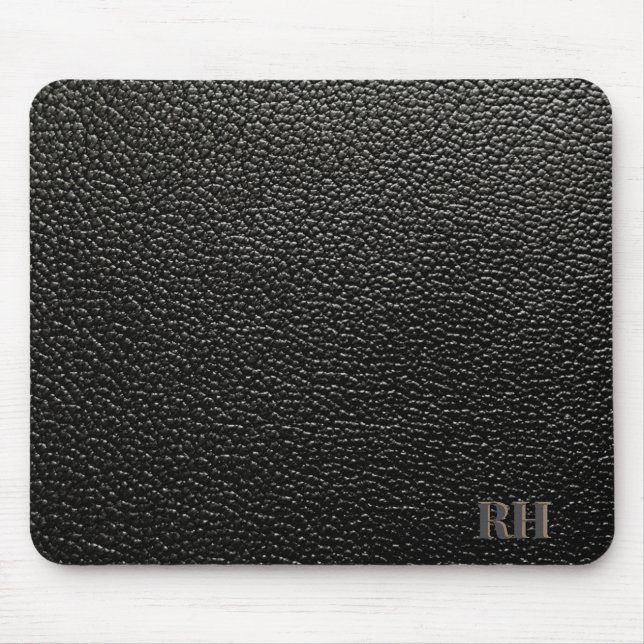 Faux Black Leather Anpassningsbar Monogrammed Init Musmatta (Framsidan)