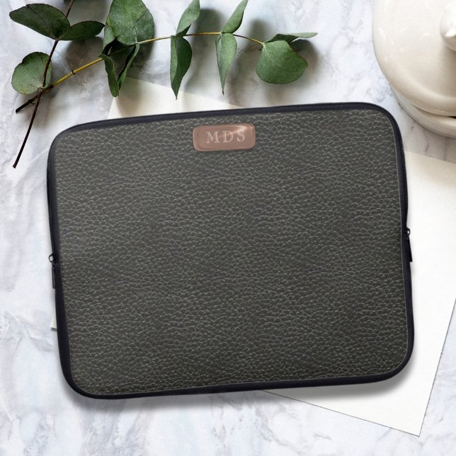 Faux Black Leather Se Monogram Laptop sleeve (Add your initials to this stylish black laptop sleeve)