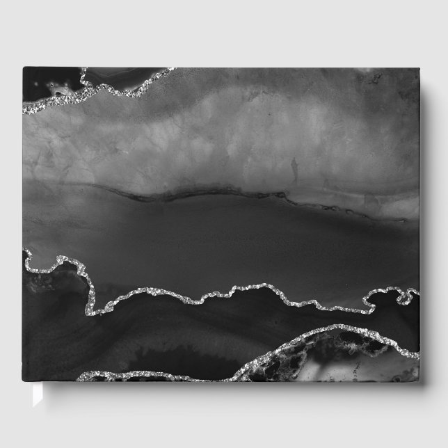 Faux Black MarLED Agate Elegant Silver Glitter Gästböcker (Framsida)