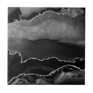 Faux Black Marled Agate Elegant Silver Glitter Kakelplatta